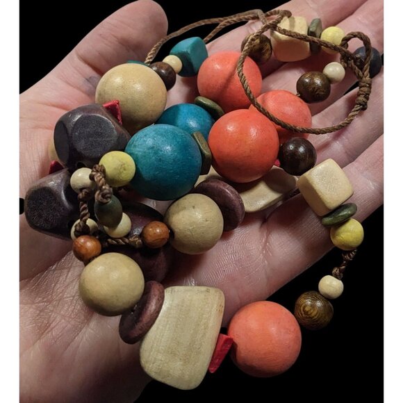 Rainbow Chunky Wood Beaded Statement Necklace - Picture 3 of 8